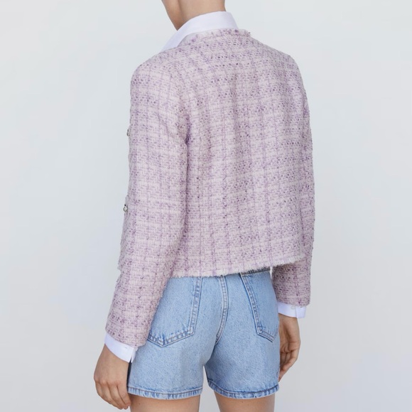 Mango sz M Tweed Jacket, lavender, Cotton mix, EUC, lined, Silver/Pearl buttons - Picture 2 of 7